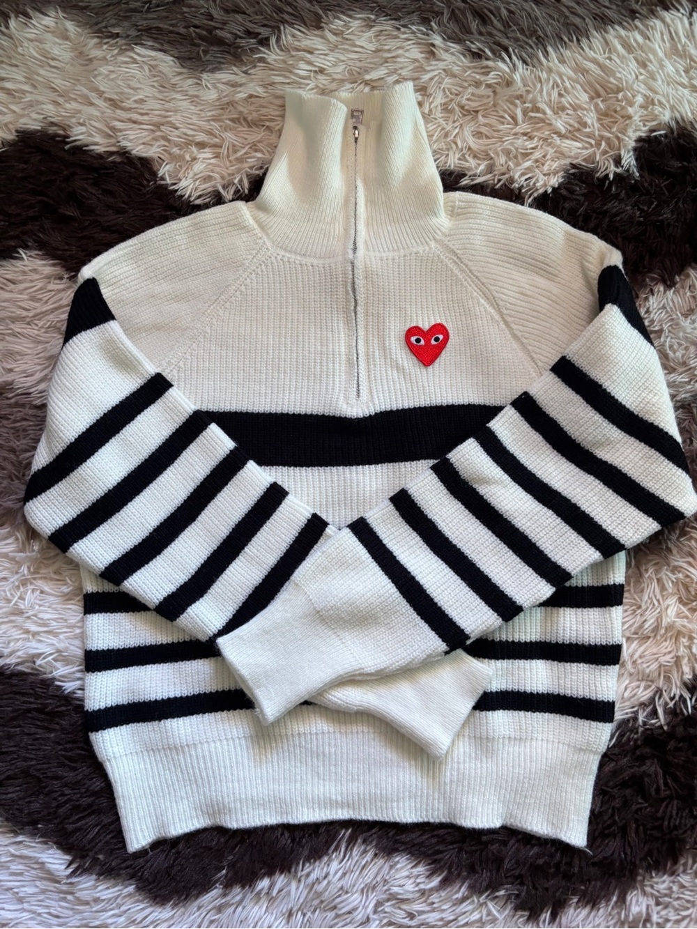 Cream and Black Striped Half-Zip Sweater with Red Heart Patch medium size - Picture 2 of 6